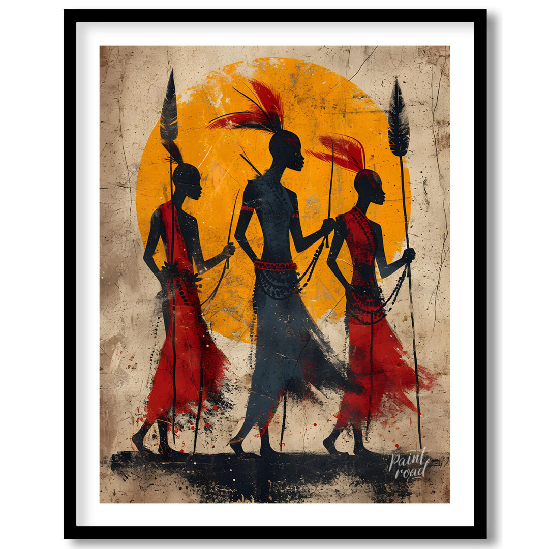 A powerful and evocative artwork depicting three figures walking towards a vibrant sun. The silhoue… for place