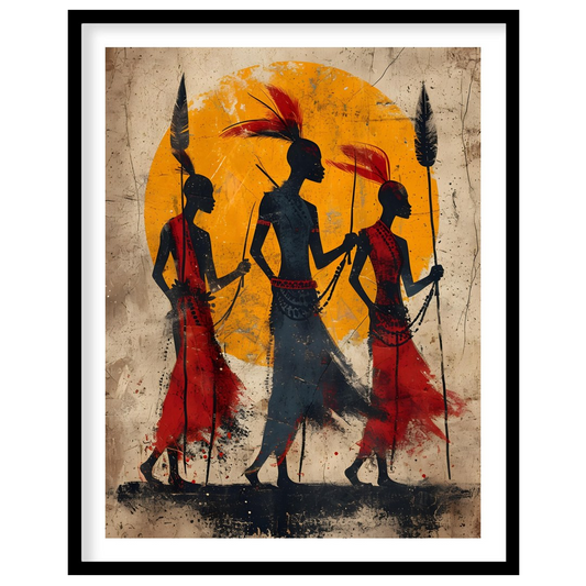 A powerful and evocative artwork depicting three figures walking towards a vibrant sun. The silhoue… for place