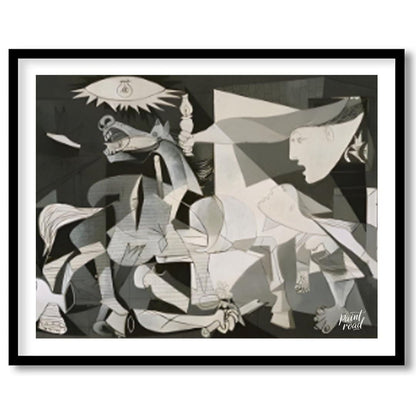 This powerful and haunting monochrome painting is “Guernica” by Pablo Picasso, a profound anti-war … for abode
