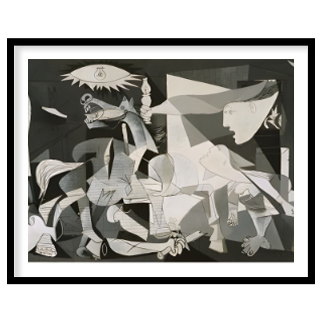 This powerful and haunting monochrome painting is “Guernica” by Pablo Picasso, a profound anti-war … for abode