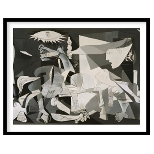 This powerful and haunting monochrome painting is “Guernica” by Pablo Picasso, a profound anti-war … for abode