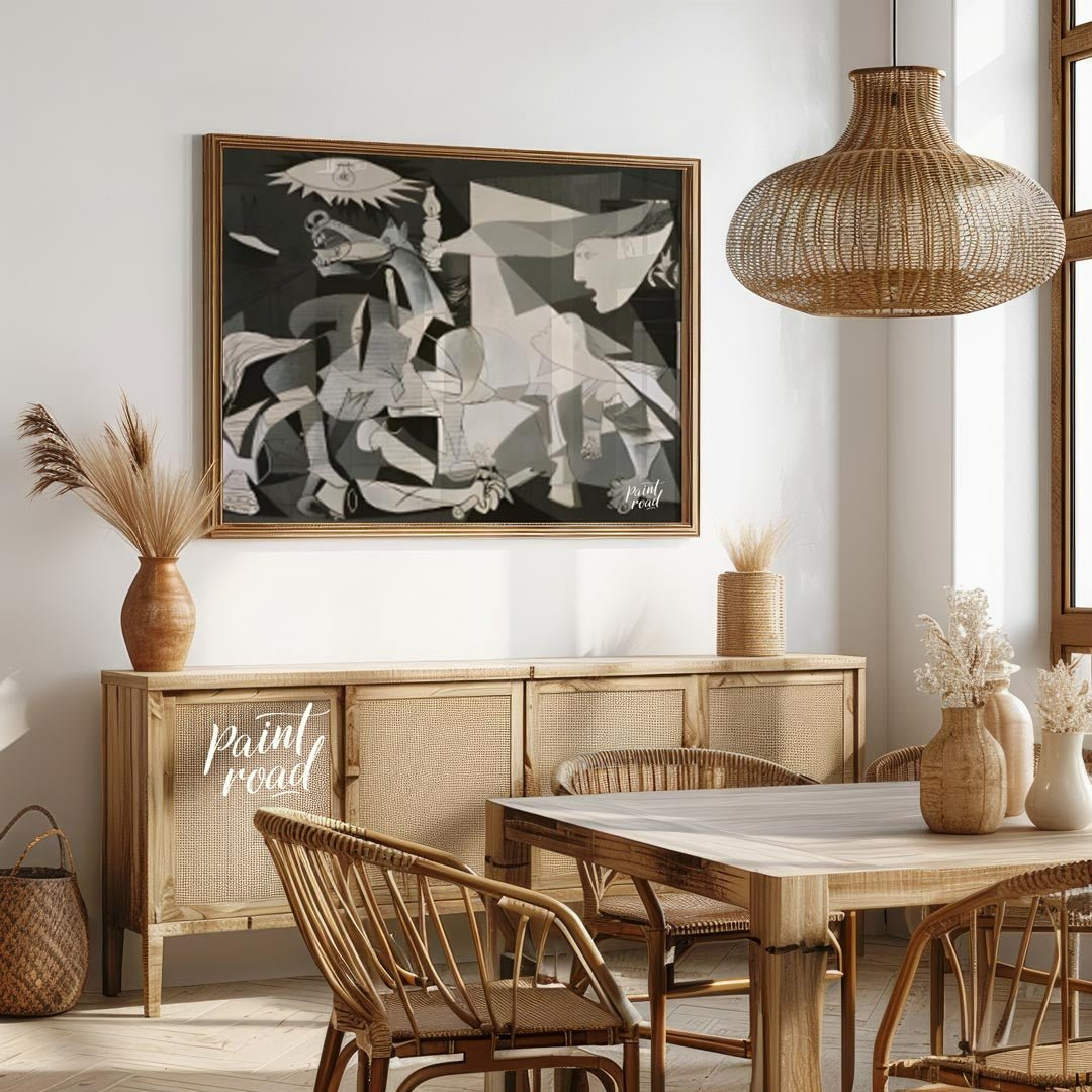 This powerful and haunting monochrome painting is “Guernica” by Pablo Picasso, a profound anti-war … for dining room