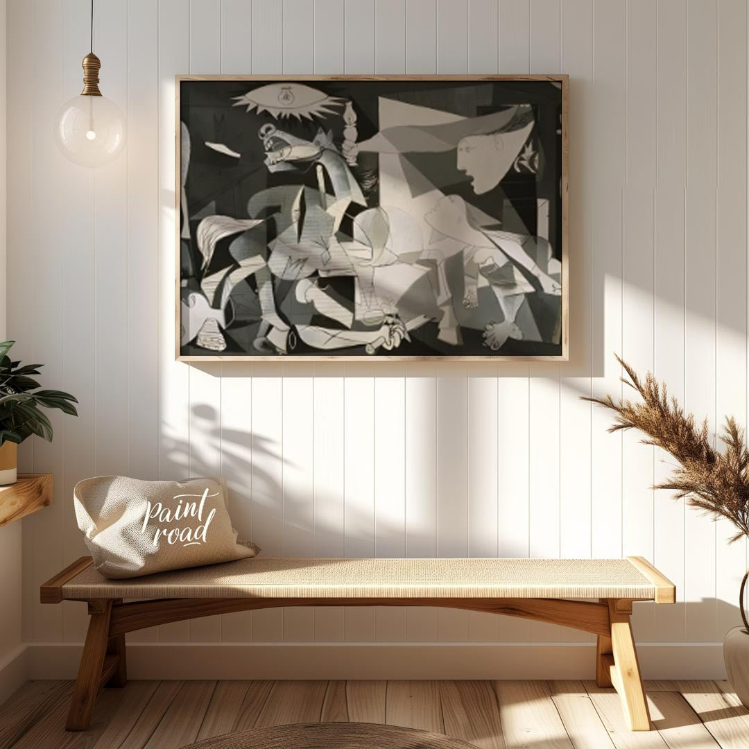 This powerful and haunting monochrome painting is “Guernica” by Pablo Picasso, a profound anti-war … for entryway