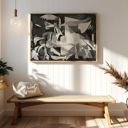 This powerful and haunting monochrome painting is “Guernica” by Pablo Picasso, a profound anti-war … for entryway
