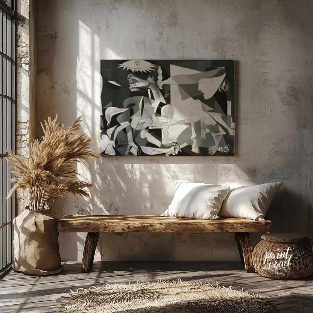 This powerful and haunting monochrome painting is “Guernica” by Pablo Picasso, a profound anti-war … for entryway