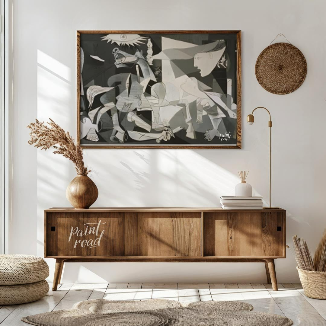 This powerful and haunting monochrome painting is “Guernica” by Pablo Picasso, a profound anti-war … for living room