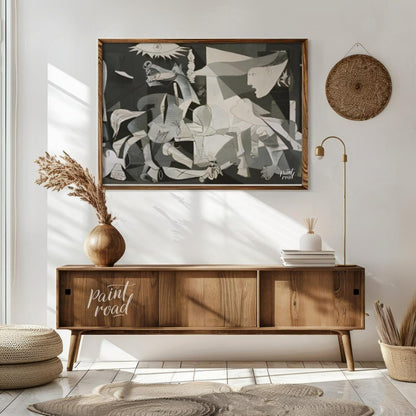 This powerful and haunting monochrome painting is “Guernica” by Pablo Picasso, a profound anti-war … for living room