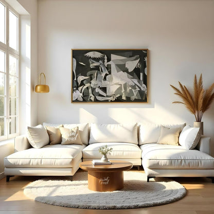 This powerful and haunting monochrome painting is “Guernica” by Pablo Picasso, a profound anti-war … for living room