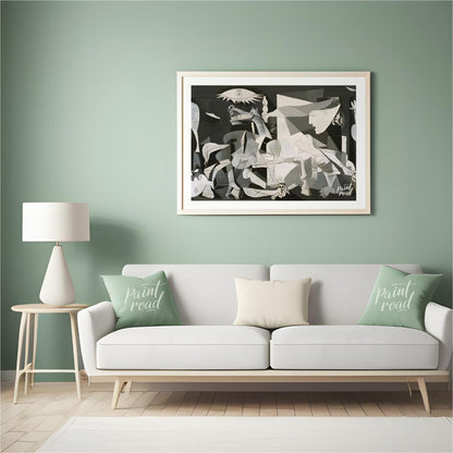 This powerful and haunting monochrome painting is “Guernica” by Pablo Picasso, a profound anti-war … for living room