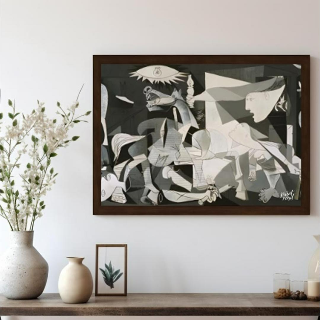 This powerful and haunting monochrome painting is “Guernica” by Pablo Picasso, a profound anti-war … for living room