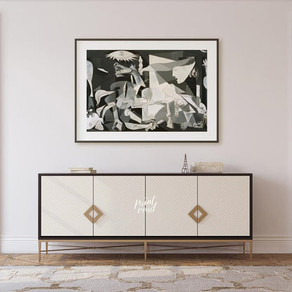 This powerful and haunting monochrome painting is “Guernica” by Pablo Picasso, a profound anti-war … for living room