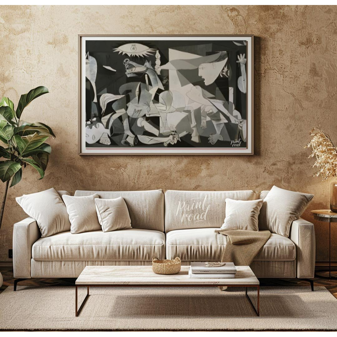 This powerful and haunting monochrome painting is “Guernica” by Pablo Picasso, a profound anti-war … for living room