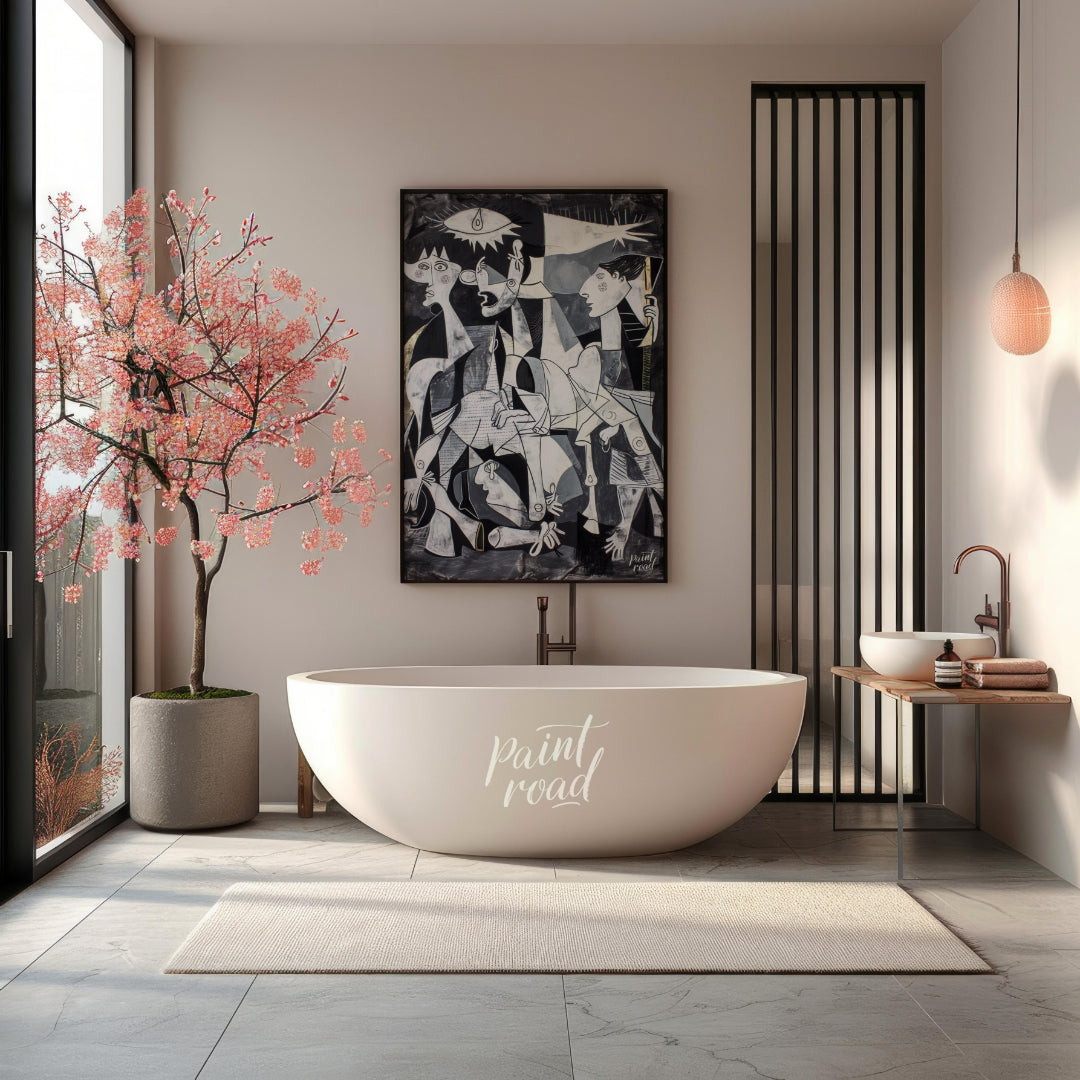 "This painting, inspired by Picasso's iconic work ""Guernica,"" presents a modern interpretation of… for bathroom