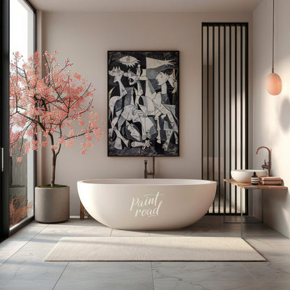 "This painting, inspired by Picasso's iconic work ""Guernica,"" presents a modern interpretation of… for bathroom