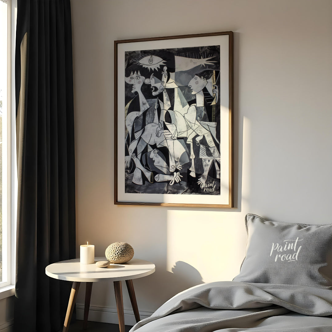 "This painting, inspired by Picasso's iconic work ""Guernica,"" presents a modern interpretation of… for bedroom