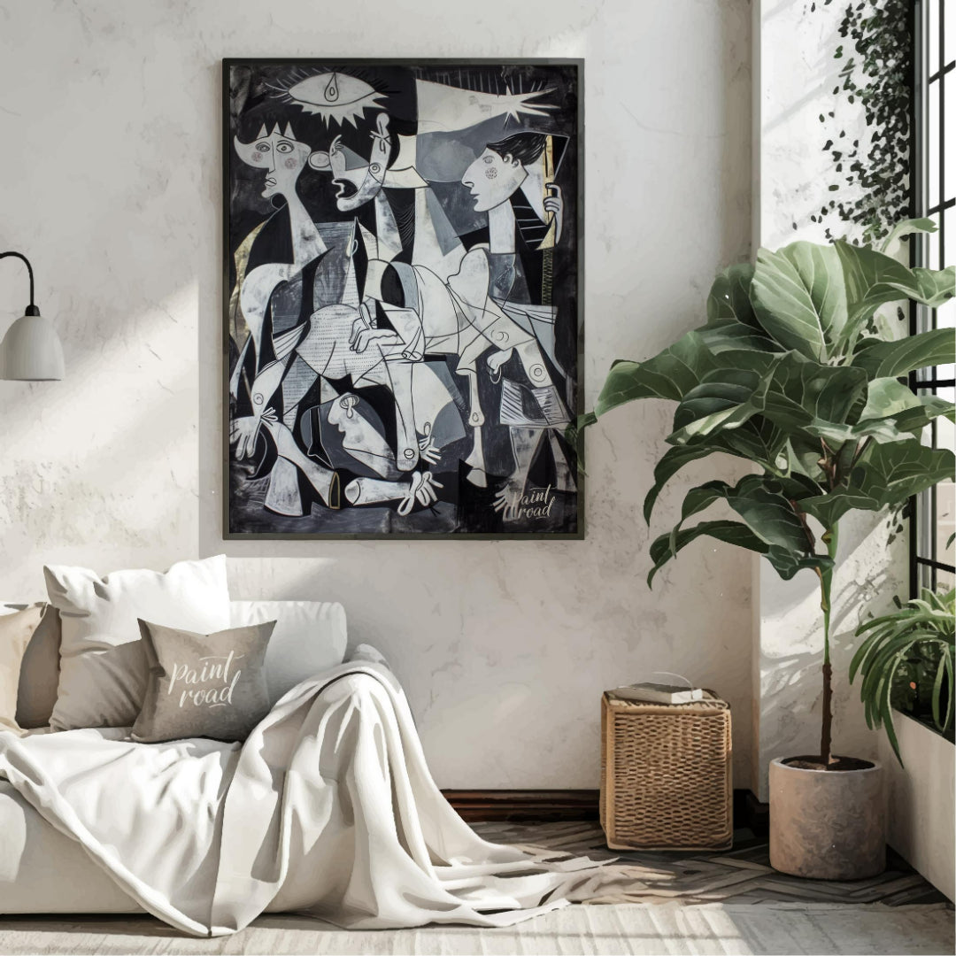 "This painting, inspired by Picasso's iconic work ""Guernica,"" presents a modern interpretation of… for living room