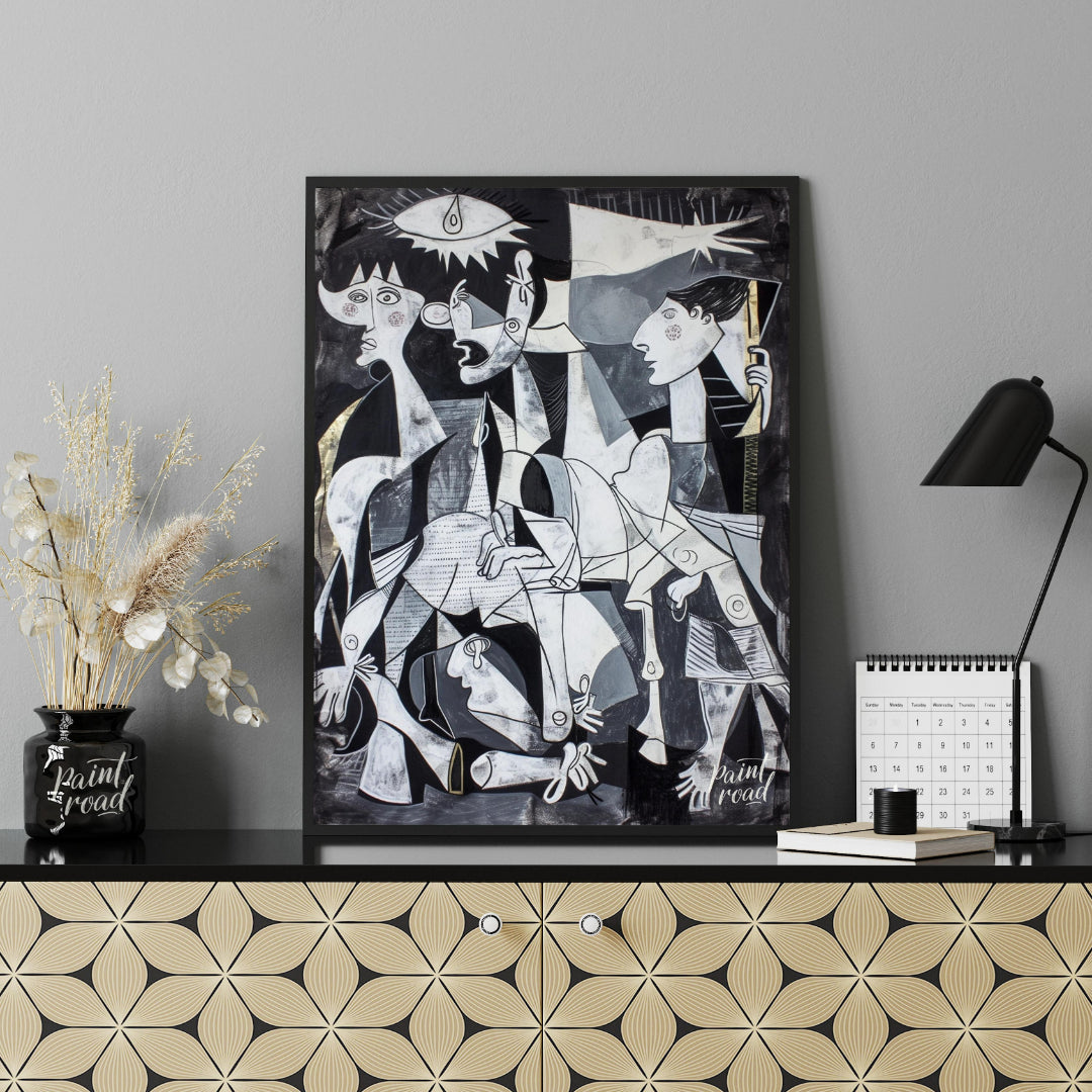 "This painting, inspired by Picasso's iconic work ""Guernica,"" presents a modern interpretation of… for office