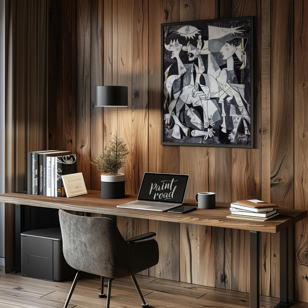 "This painting, inspired by Picasso's iconic work ""Guernica,"" presents a modern interpretation of… for office