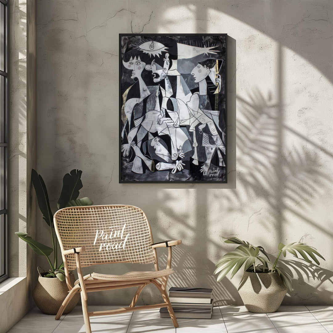 "This painting, inspired by Picasso's iconic work ""Guernica,"" presents a modern interpretation of… for other