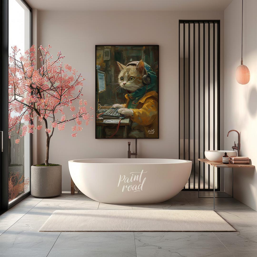 This captivating digital painting portrays a ginger and white cat engrossed in work at a computer, … for bathroom