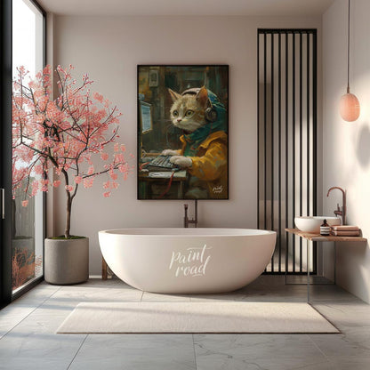 This captivating digital painting portrays a ginger and white cat engrossed in work at a computer, … for bathroom