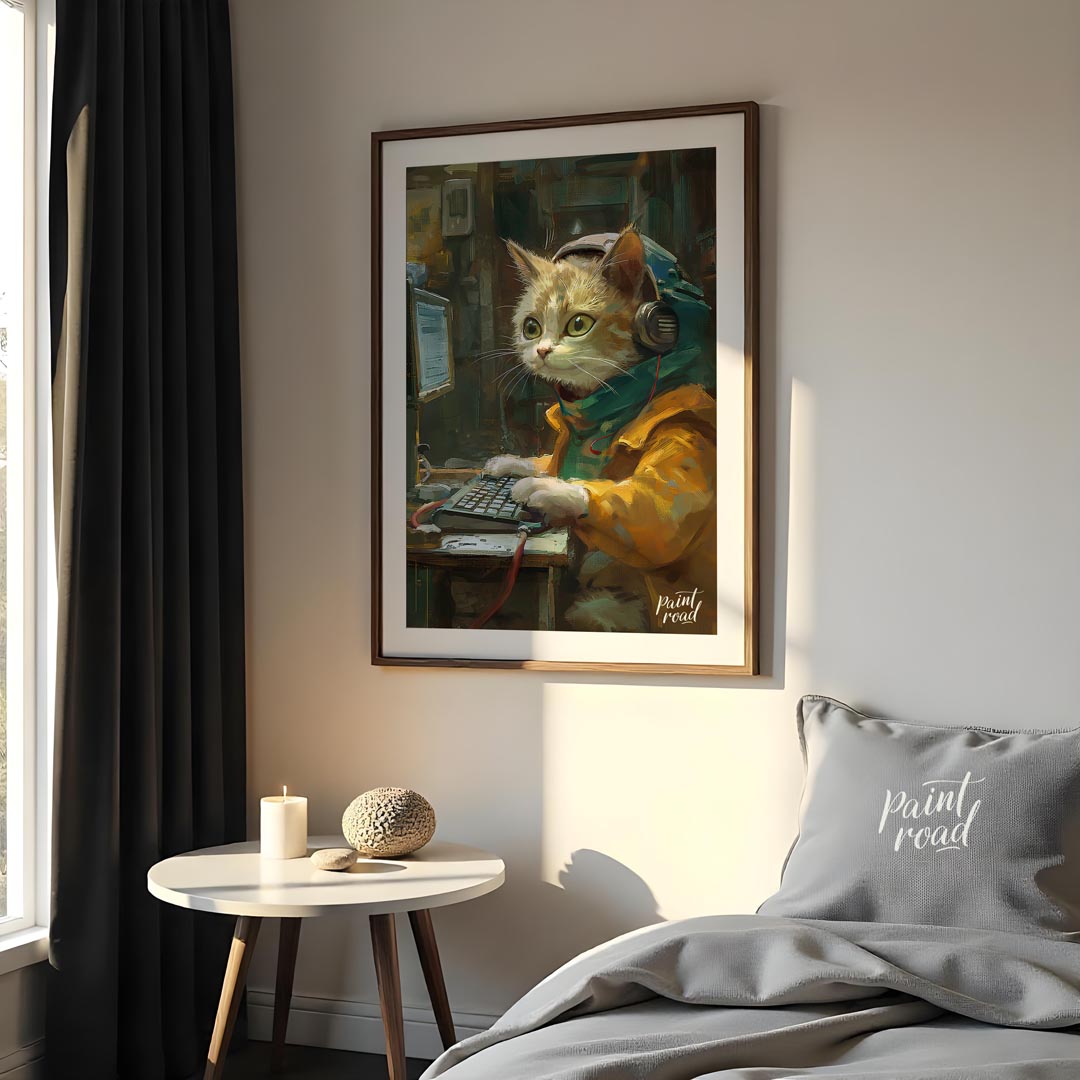 This captivating digital painting portrays a ginger and white cat engrossed in work at a computer, … for bedroom