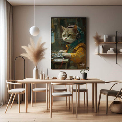 This captivating digital painting portrays a ginger and white cat engrossed in work at a computer, … for dining room