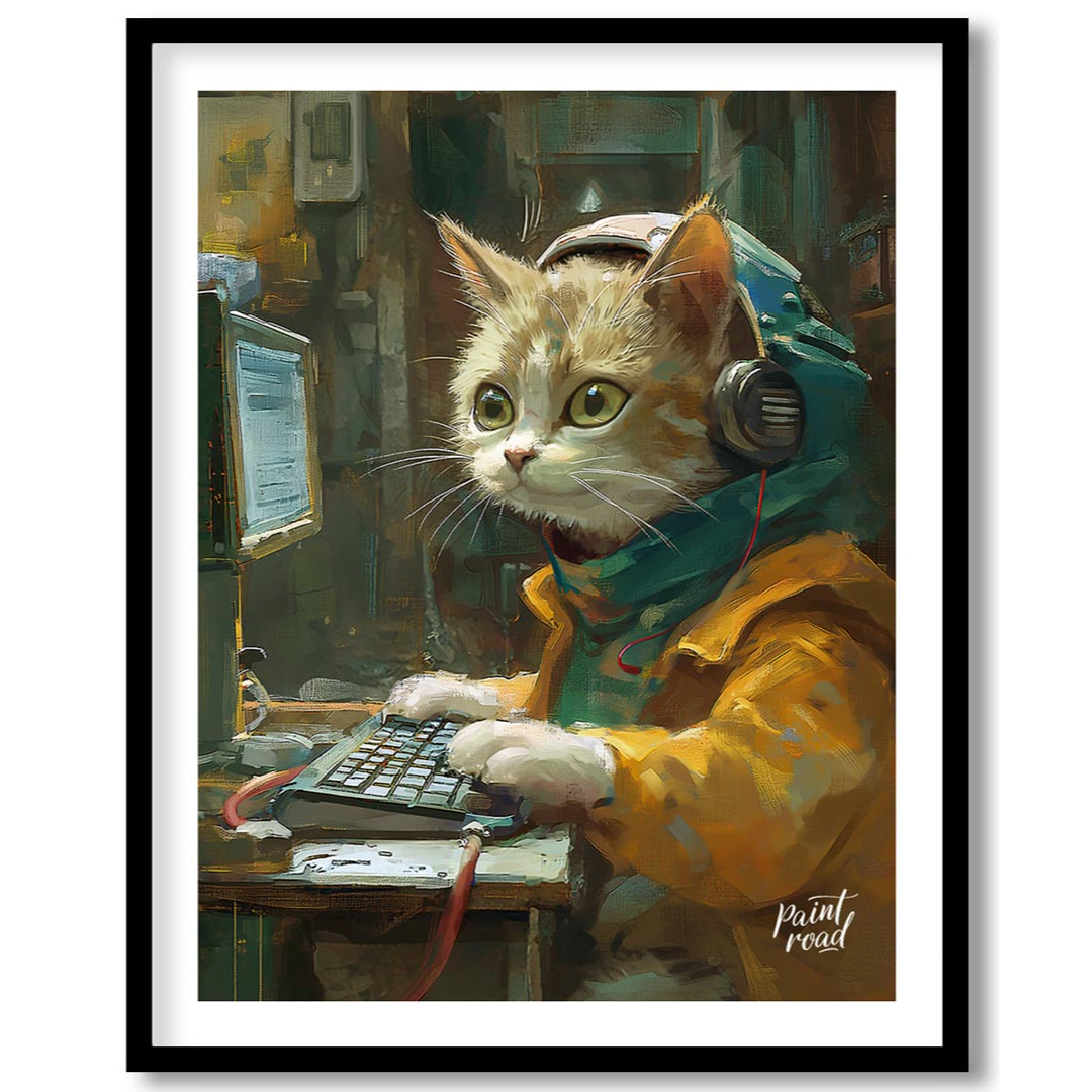 This captivating digital painting portrays a ginger and white cat engrossed in work at a computer, … for house