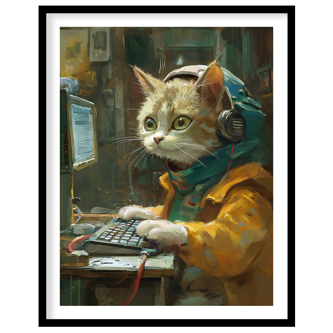 This captivating digital painting portrays a ginger and white cat engrossed in work at a computer, … for house