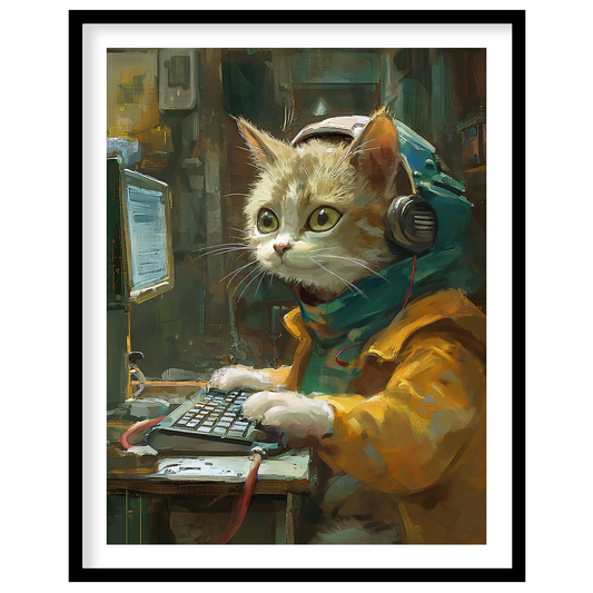 This captivating digital painting portrays a ginger and white cat engrossed in work at a computer, … for house