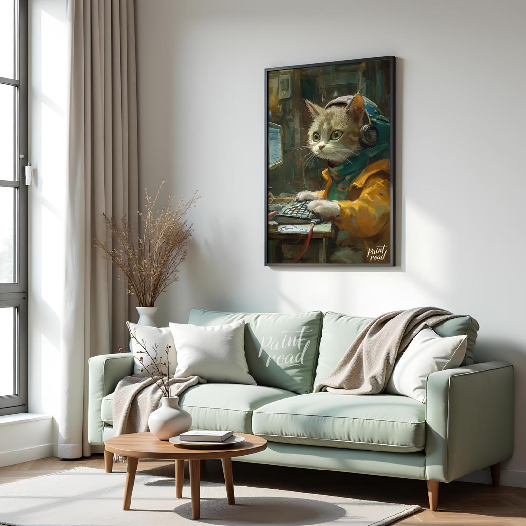This captivating digital painting portrays a ginger and white cat engrossed in work at a computer, … for living room