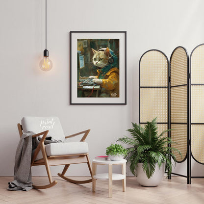 This captivating digital painting portrays a ginger and white cat engrossed in work at a computer, … for living room