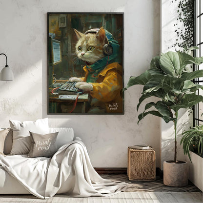 This captivating digital painting portrays a ginger and white cat engrossed in work at a computer, … for living room