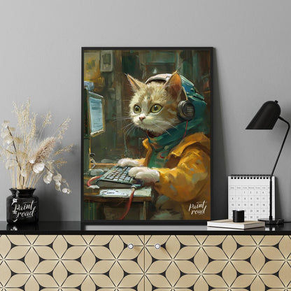 This captivating digital painting portrays a ginger and white cat engrossed in work at a computer, … for office