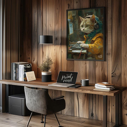 This captivating digital painting portrays a ginger and white cat engrossed in work at a computer, … for office