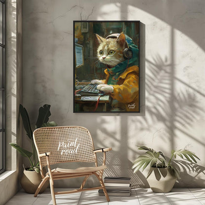 This captivating digital painting portrays a ginger and white cat engrossed in work at a computer, … for other