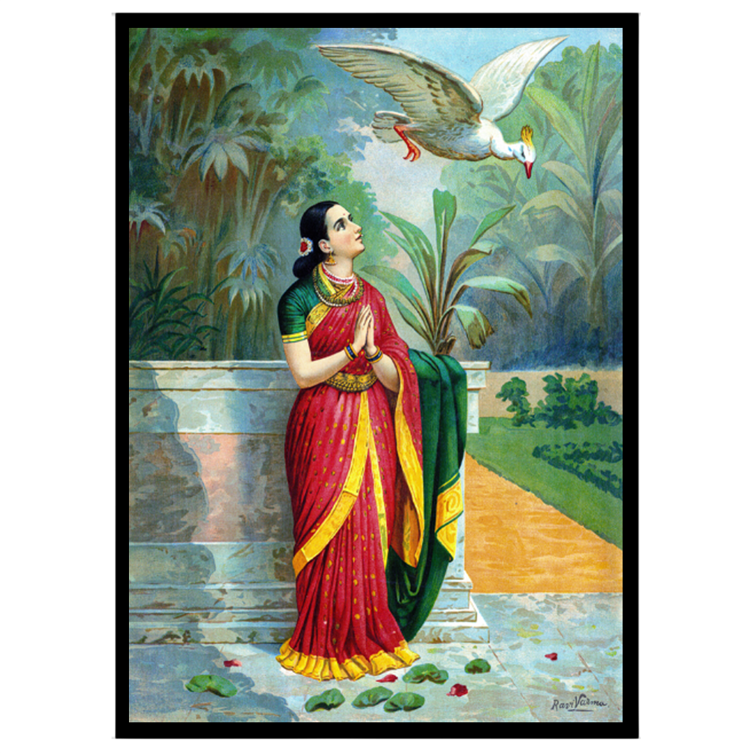 This exquisite print captures a serene moment from the Mahabharata, as Damayanti encounters a for decor