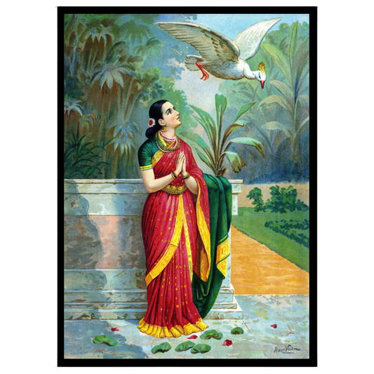 This exquisite print captures a serene moment from the Mahabharata, as Damayanti encounters a for decor