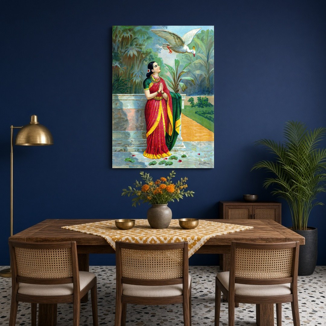 This exquisite print captures a serene moment from the Mahabharata, as Damayanti encounters a for Dining