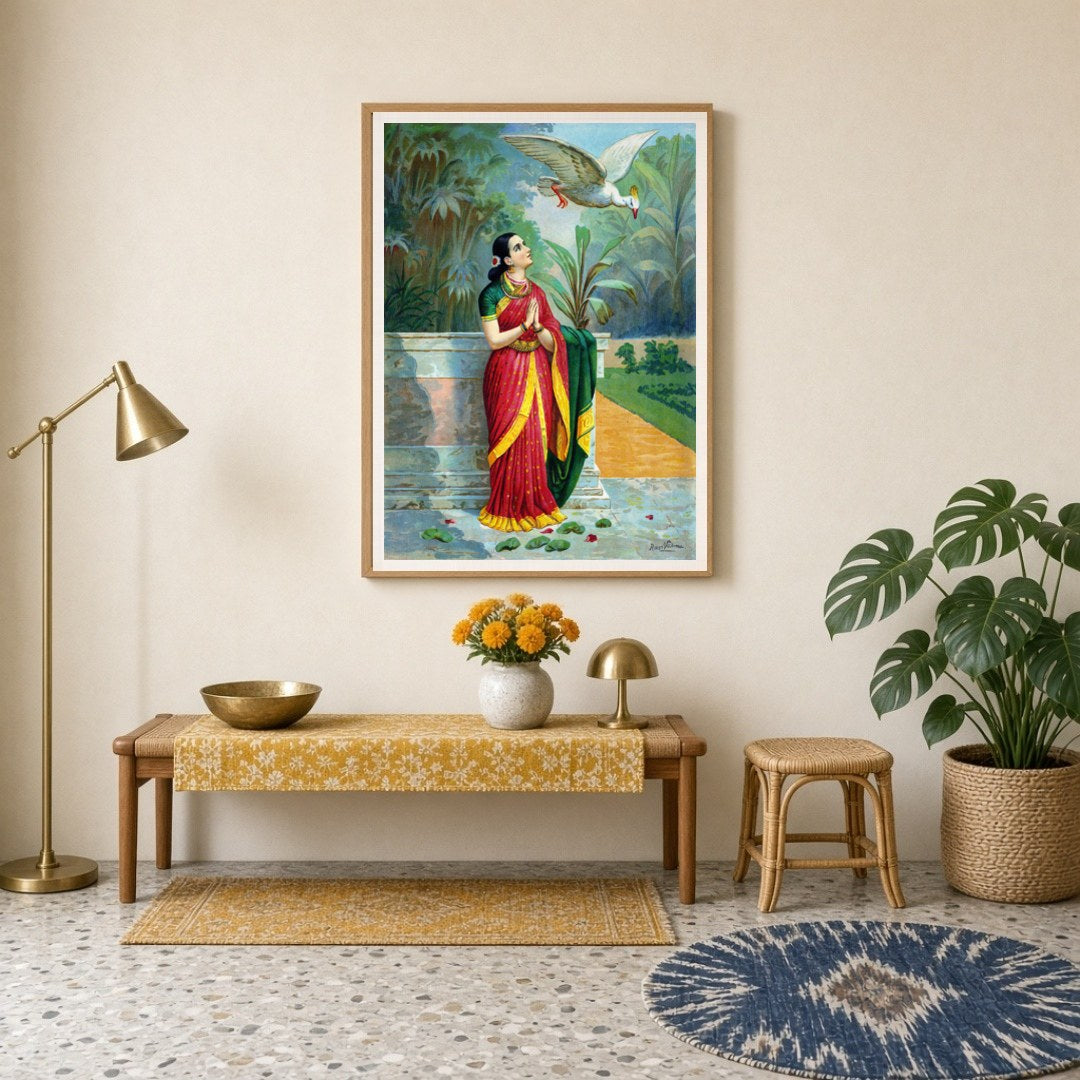 This exquisite print captures a serene moment from the Mahabharata, as Damayanti encounters a for Entrance