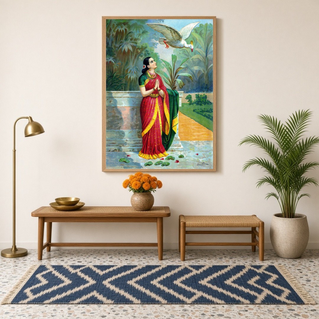 This exquisite print captures a serene moment from the Mahabharata, as Damayanti encounters a for Hallway