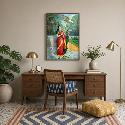 This exquisite print captures a serene moment from the Mahabharata, as Damayanti encounters a for Study