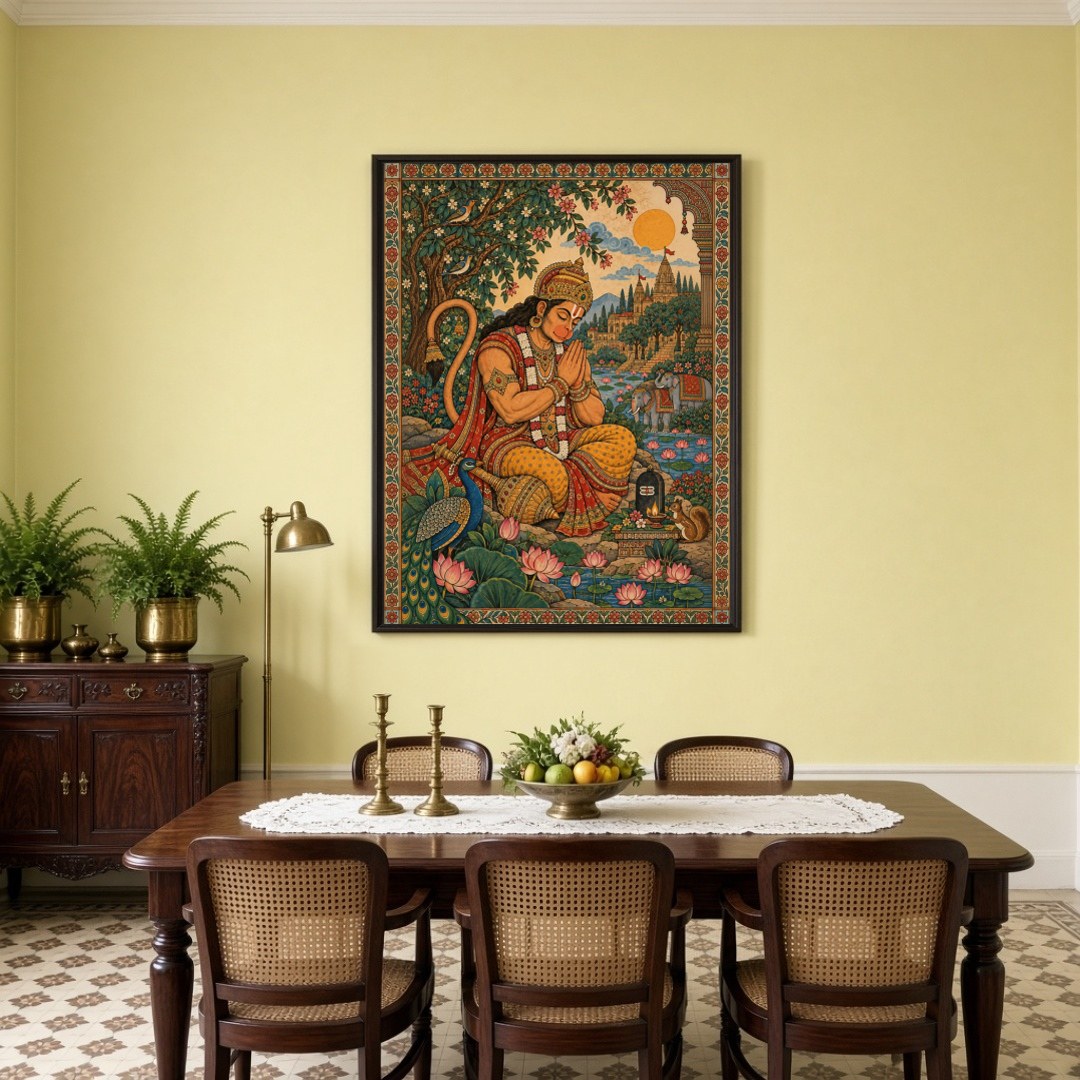 Immerse yourself in the divine serenity of Hanuman's devotion depicted in this exquisite for Dining