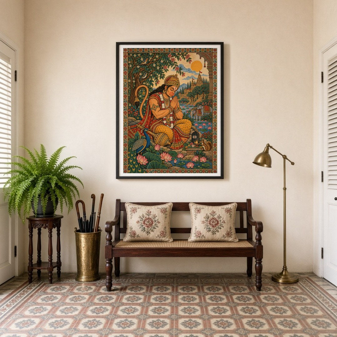Immerse yourself in the divine serenity of Hanuman's devotion depicted in this exquisite for Entrance