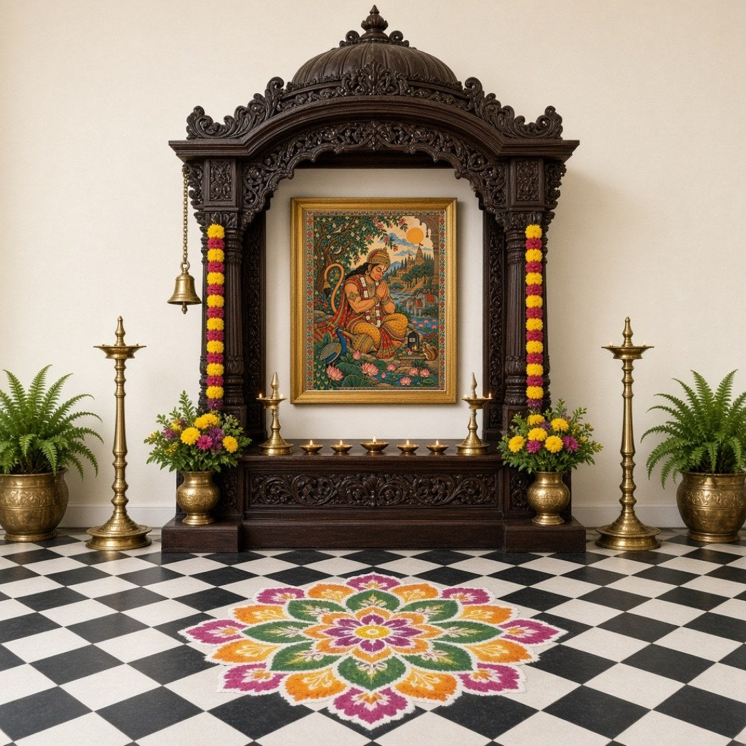 Immerse yourself in the divine serenity of Hanuman's devotion depicted in this exquisite for Home Temple