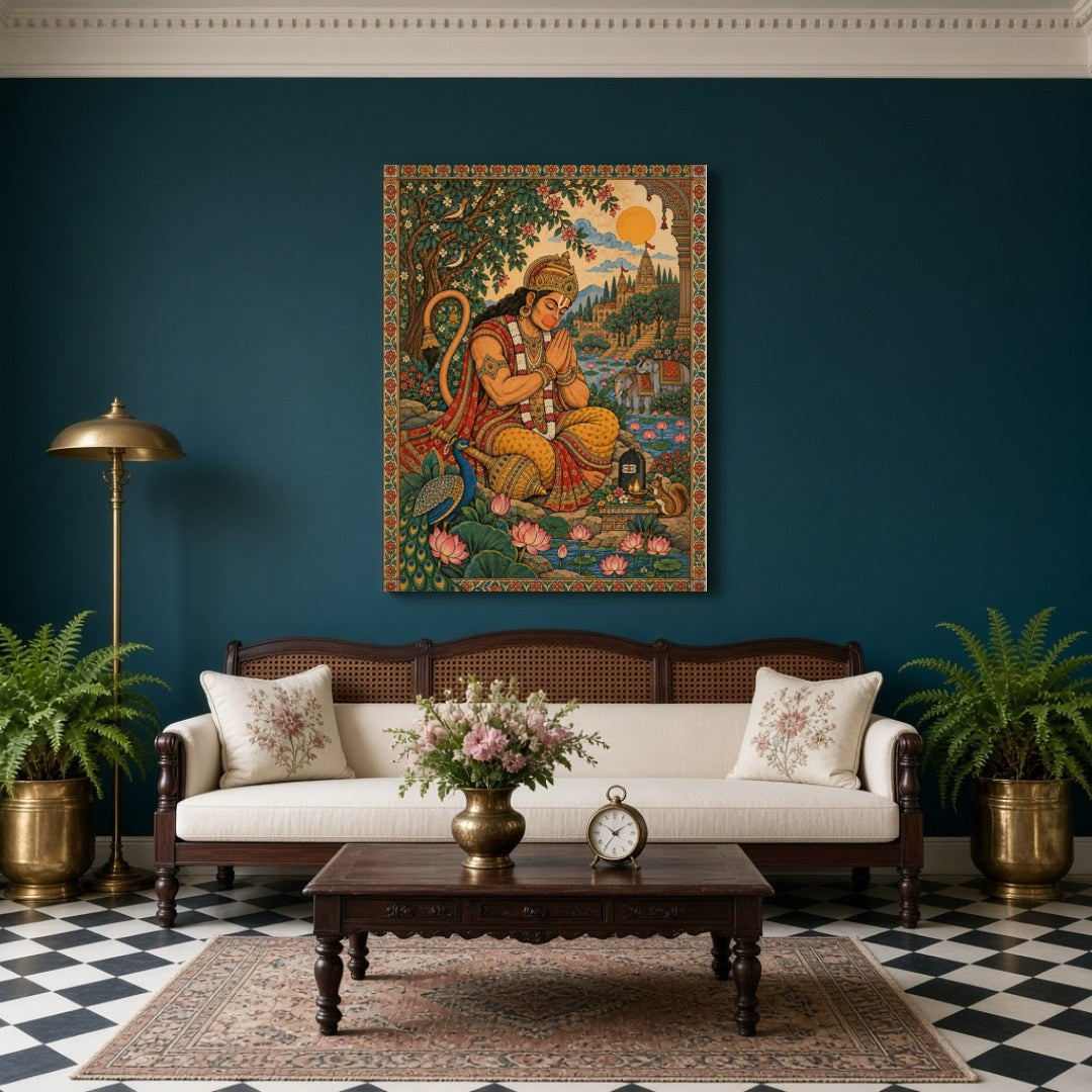Immerse yourself in the divine serenity of Hanuman's devotion depicted in this exquisite for Living Room