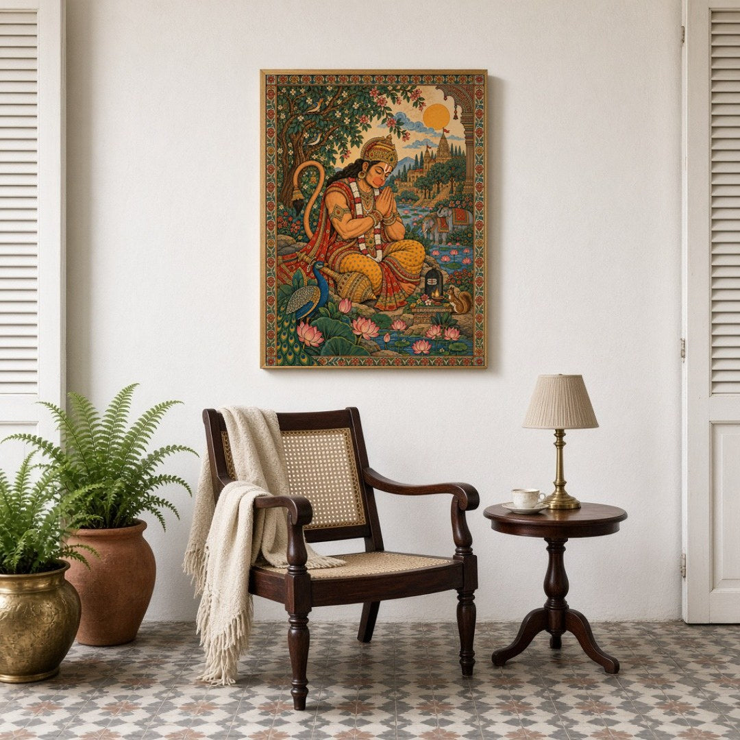 Immerse yourself in the divine serenity of Hanuman's devotion depicted in this exquisite for Sitting Lounge