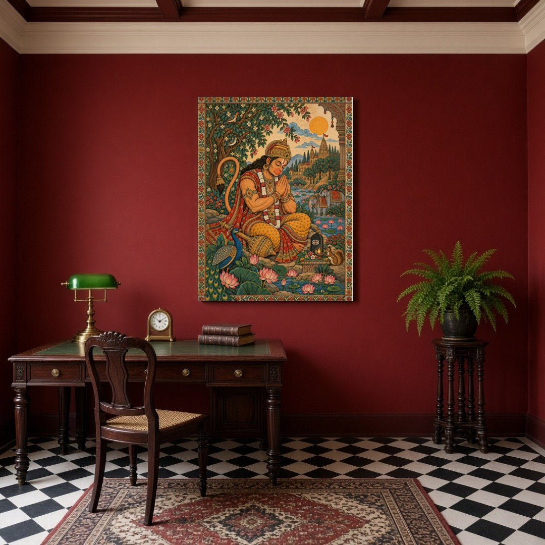 Immerse yourself in the divine serenity of Hanuman's devotion depicted in this exquisite for Study