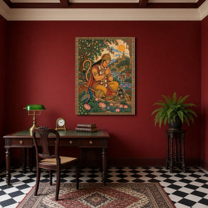 Immerse yourself in the divine serenity of Hanuman's devotion depicted in this exquisite for Study