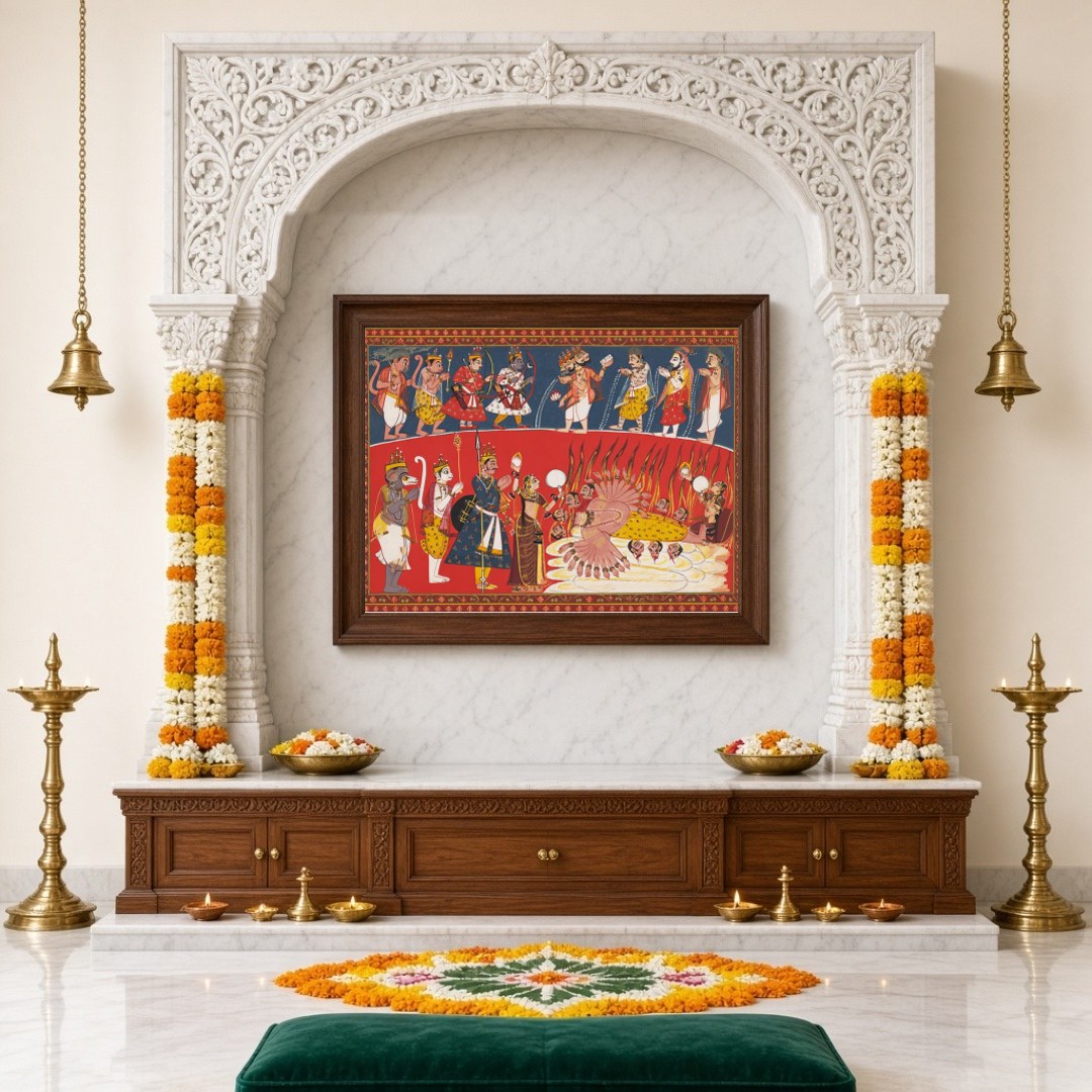 Immerse yourself in the vibrant storytelling of Hanuman's devotion and bravery with this evocative for Home Temple